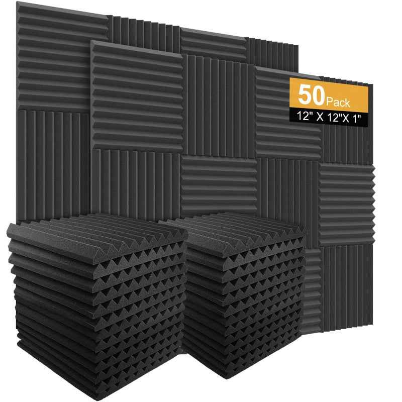 Burdurry 50 Pack Acoustic Panels Soundproof Studio Foam for Walls Sound Absorbing Panels Sound Insulation Wedge for Studio, 1" X 12" X 12" (Black) - Image 1